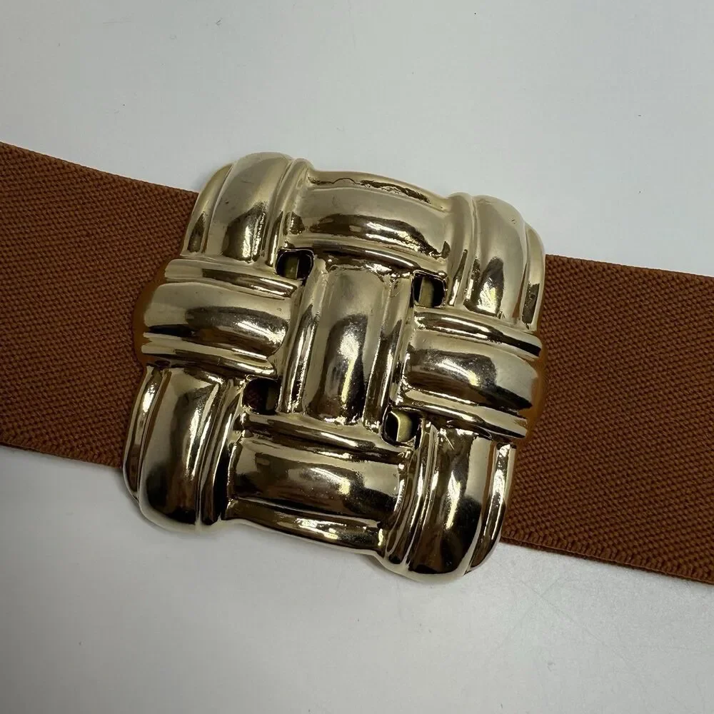 Vintage Skaffles Gold Tone Metal Braided Design Terra Cotta Color Elastic Belt
